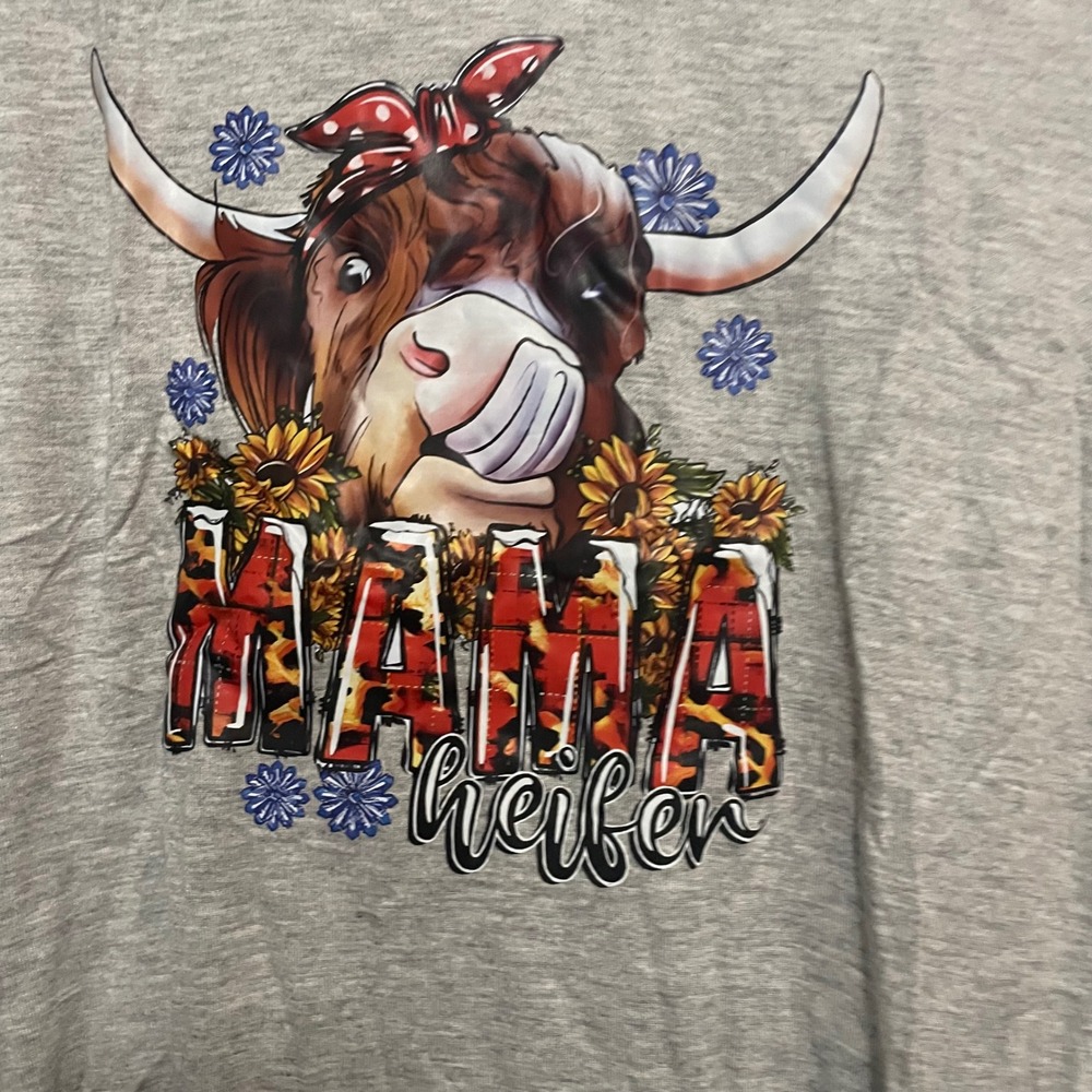New V Neck T Shirt Women's Gray Mama Heifer Cow Graphic Tee Size Medium